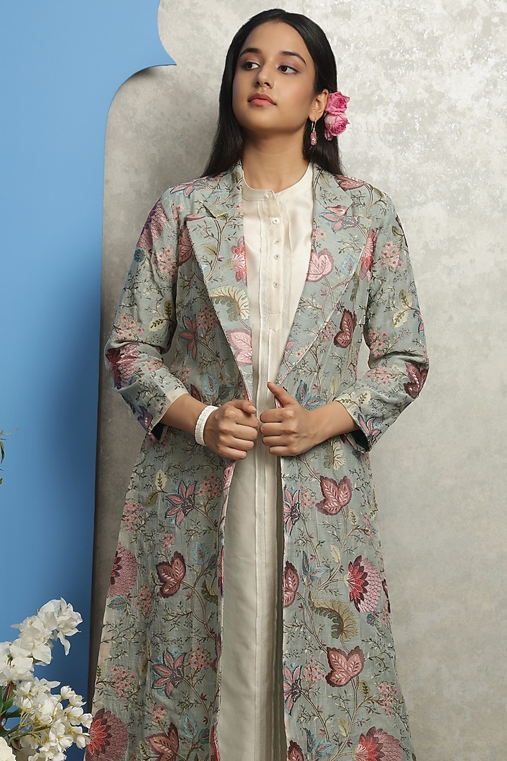 Multi-Colored Chanderi Floral Embroidered Jacket by Smriti Gupta at Pernia's Pop Up Shop