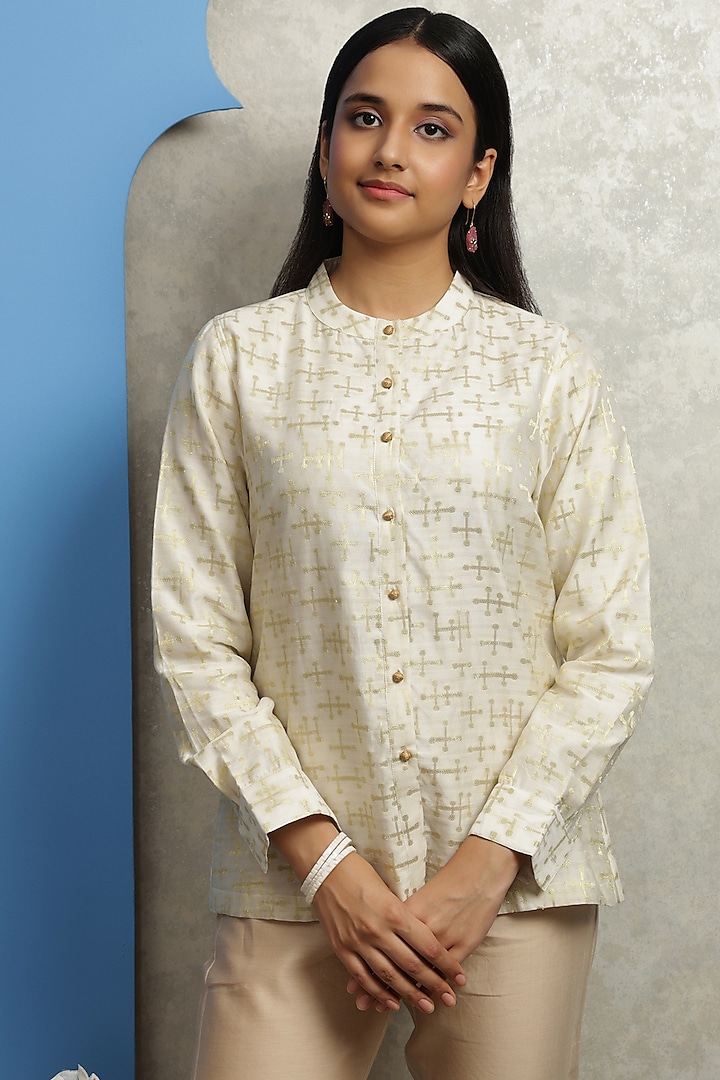 Off-White Handwoven Banarasi Jacquard Shirt by Smriti Gupta