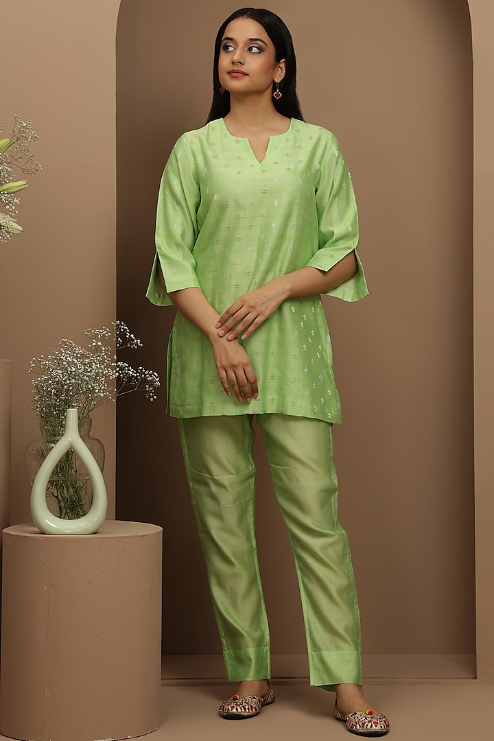Lime Green Handwoven Banarasi Jacquard Tunic Set by Smriti Gupta
