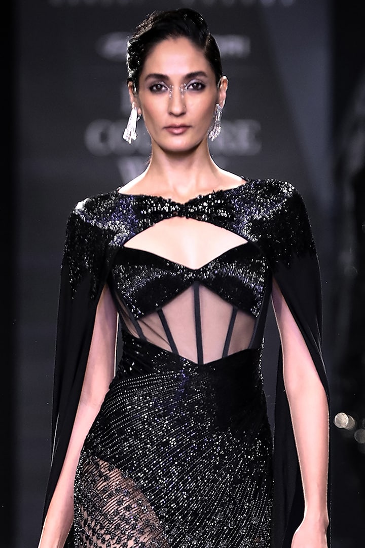 Black Ombre Tulle Sequins & Crystal Embellished Jacket Party Wear Dress by Rohit Gandhi & Rahul Khanna at Pernia's Pop Up Shop