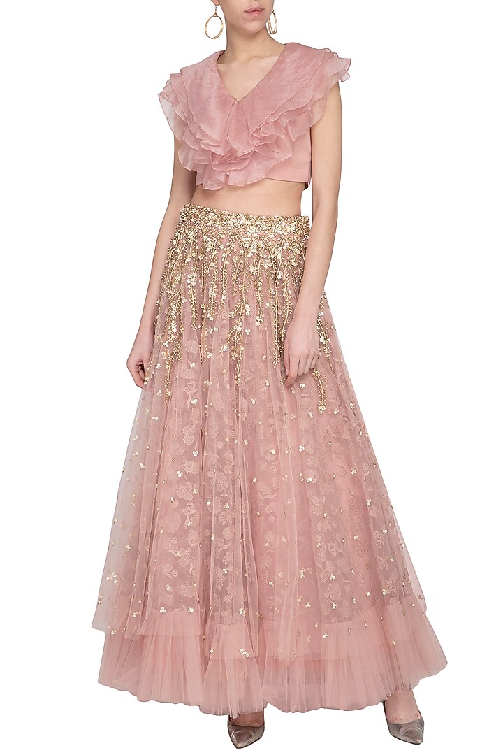 Blush pink embroidered Wedding Lehenga skirt with top by Sanya Gulati at Pernia's Pop Up Shop