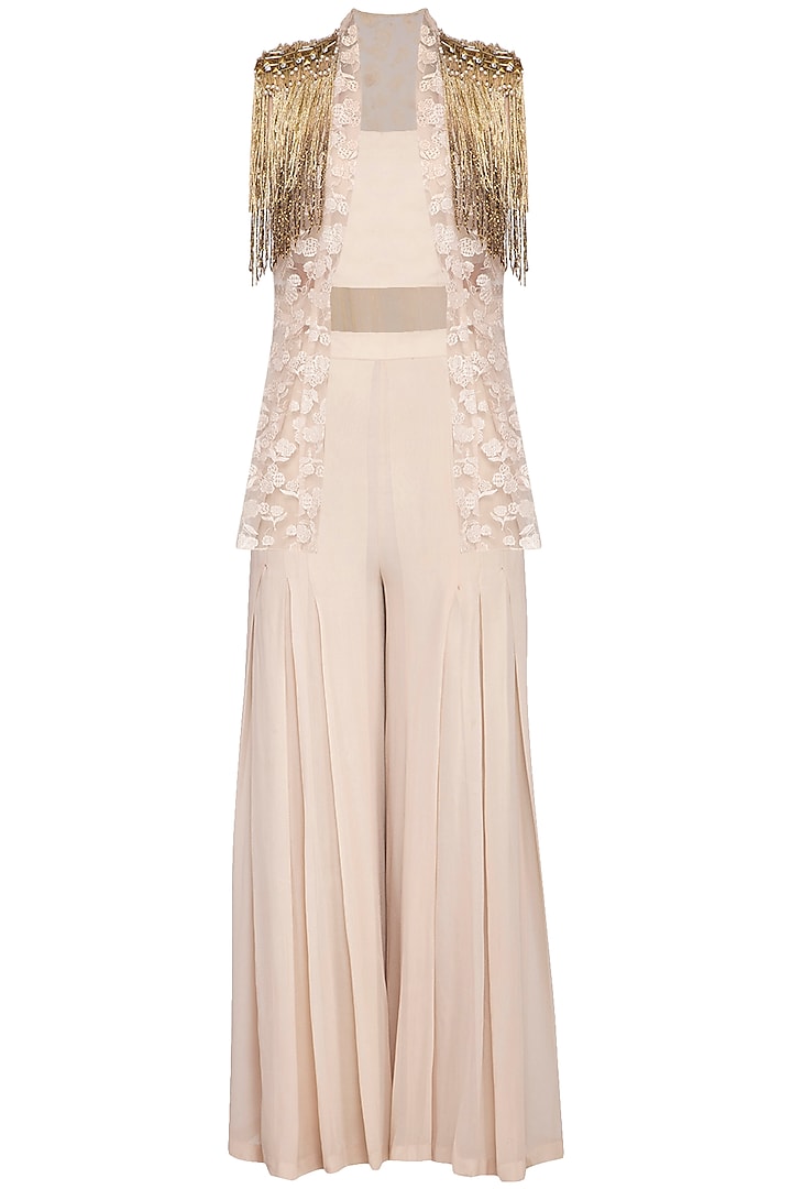 Beige embroidered jacket with palazzo pants and bustier by Sanya Gulati