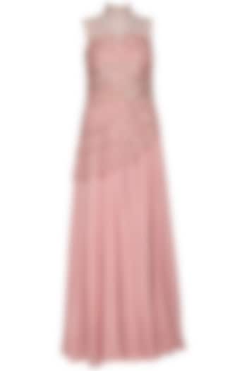 Blush pink embroidered gown with bustier by Sanya Gulati