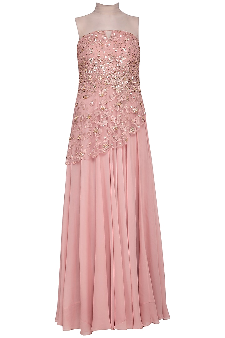 Blush pink embroidered gown with bustier by Sanya Gulati