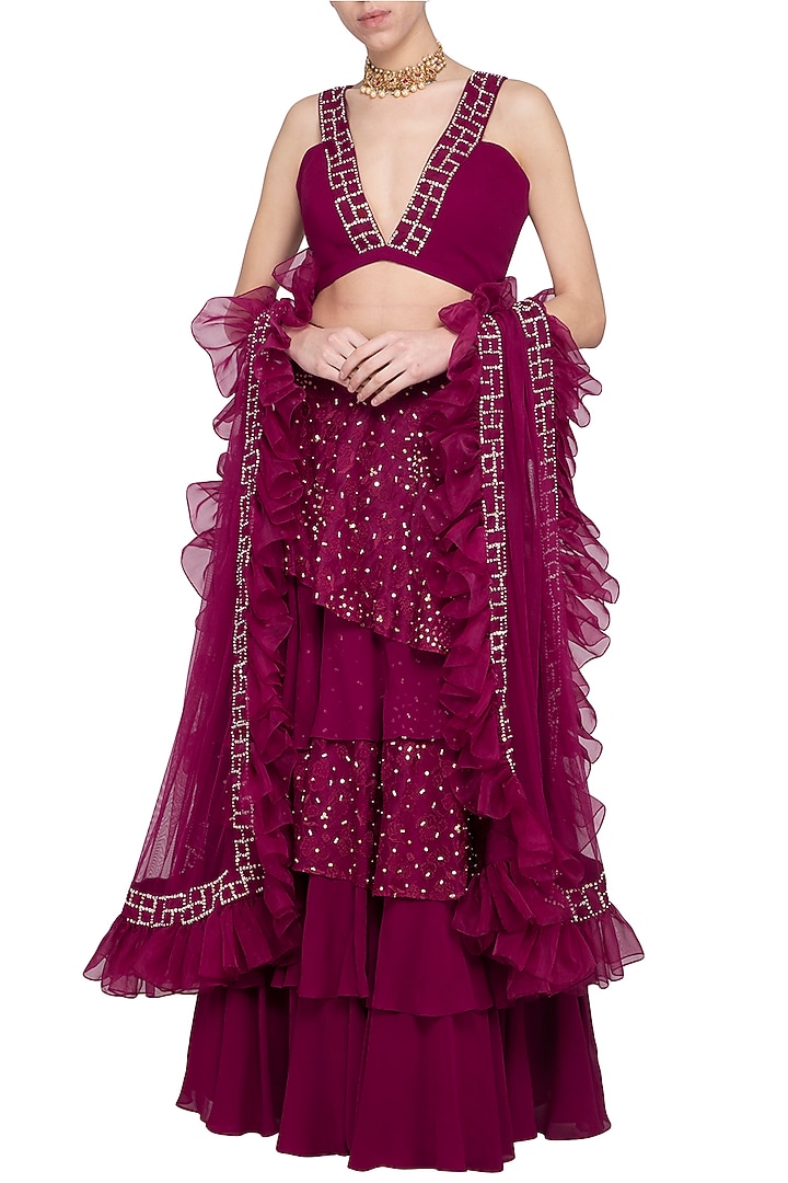 Wine embroidered Wedding Lehenga set by Sanya Gulati at Pernia's Pop Up Shop