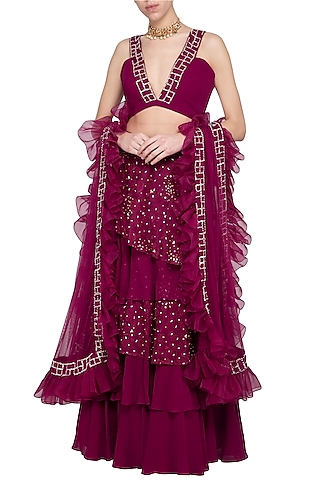 Wine embroidered lehenga set by Sanya Gulati