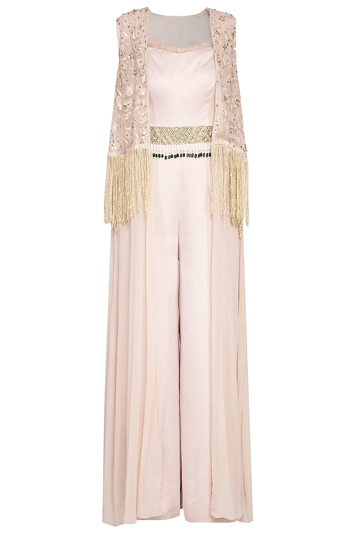 Beige jumpsuit with embroidered cape and belt by Sanya Gulati