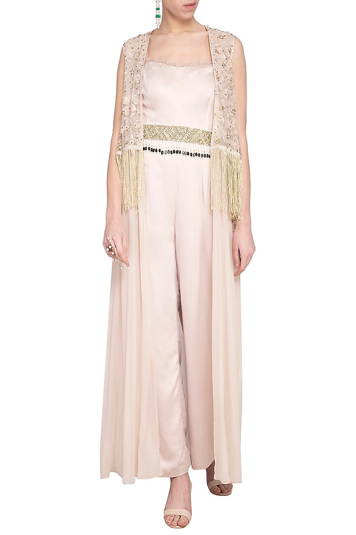 Beige jumpsuit with embroidered cape and belt by Sanya Gulati at Pernia's Pop Up Shop