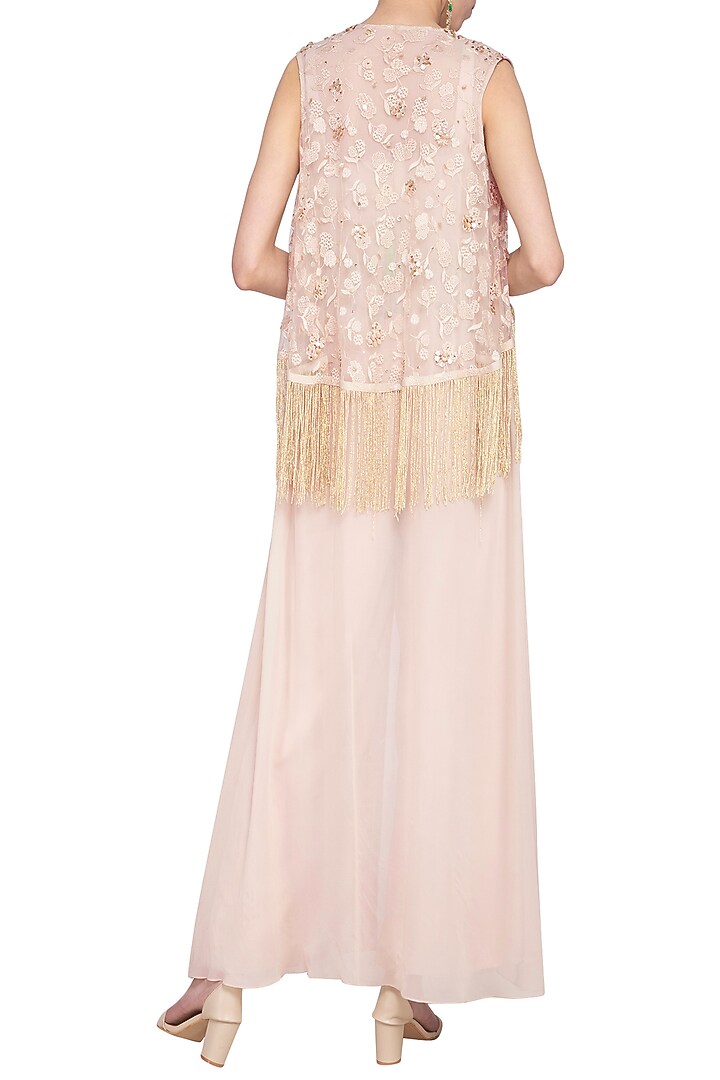 Beige jumpsuit with embroidered cape and belt by Sanya Gulati at Pernia's Pop Up Shop