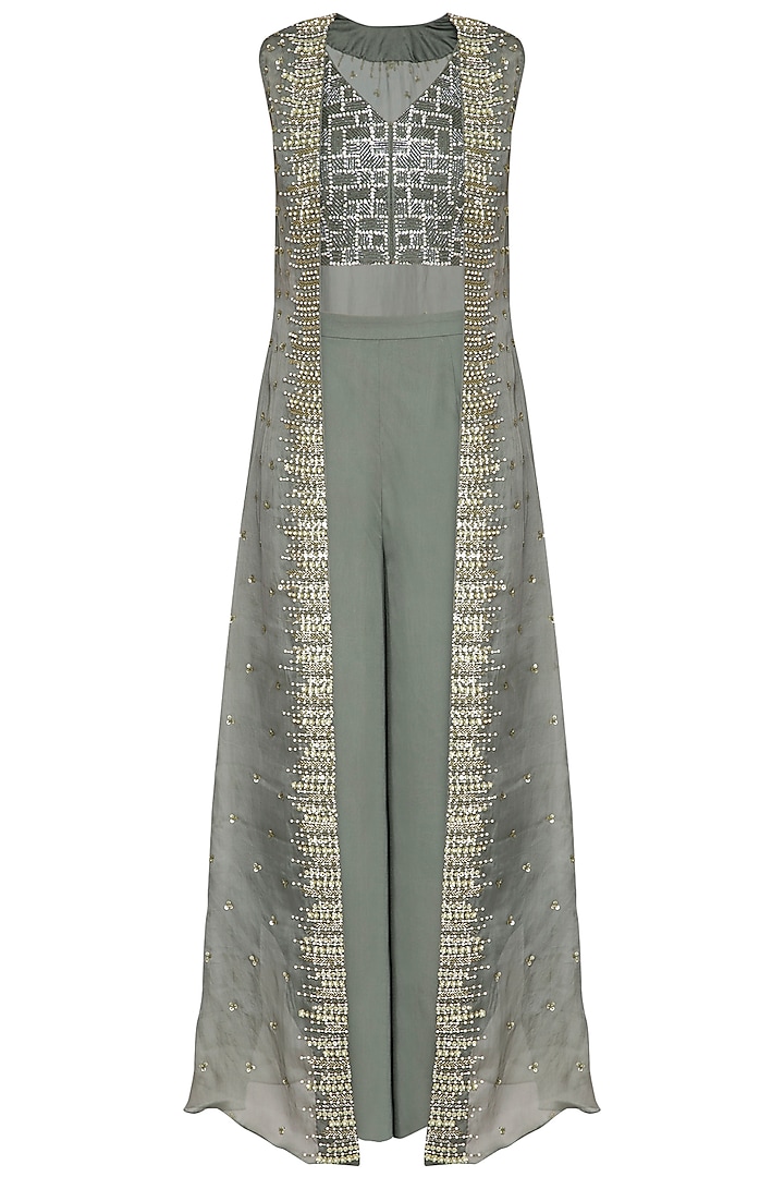 Green embroidered crop top with pants and cape by Sanya Gulati