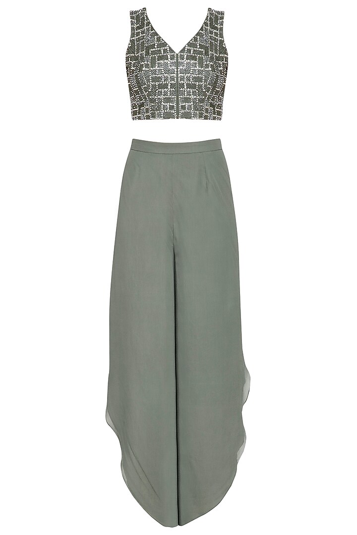 Green embroidered crop top with pants and cape by Sanya Gulati at Pernia's Pop Up Shop