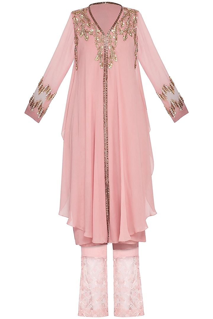 Blush pink embroidered kurta with pants by Sanya Gulati