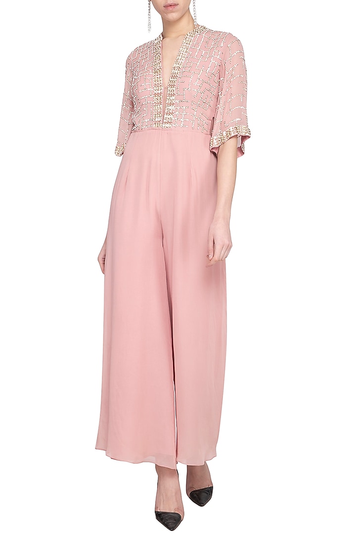 Blush pink embroidered sequins jumpsuit by Sanya Gulati at Pernia's Pop Up Shop