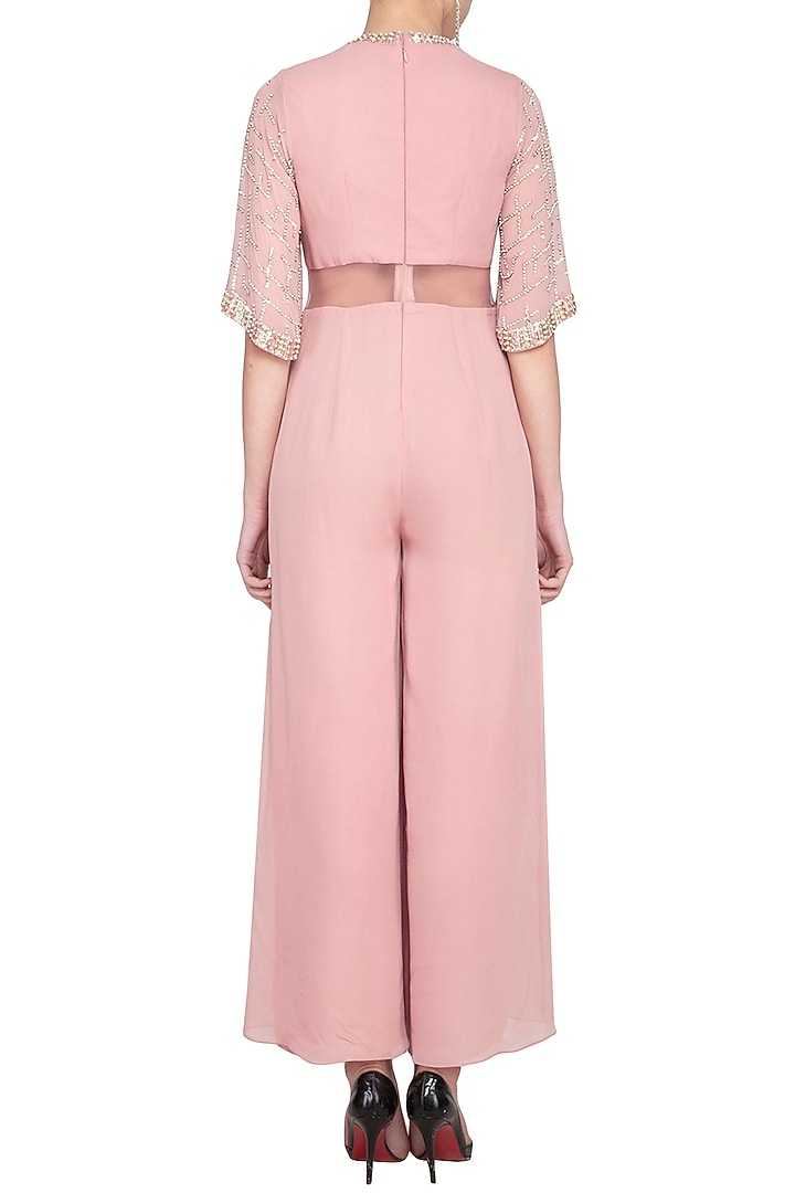 Blush pink embroidered sequins jumpsuit by Sanya Gulati at Pernia's Pop Up Shop