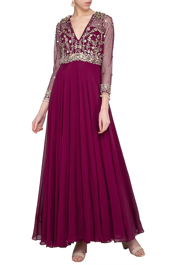 Wine embroidered Wedding Anarkali gown by Sanya Gulati at Pernia's Pop Up Shop