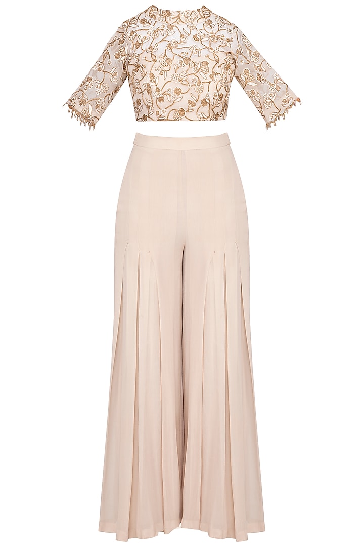Beige embroidered crop top with palazzo pants by Sanya Gulati