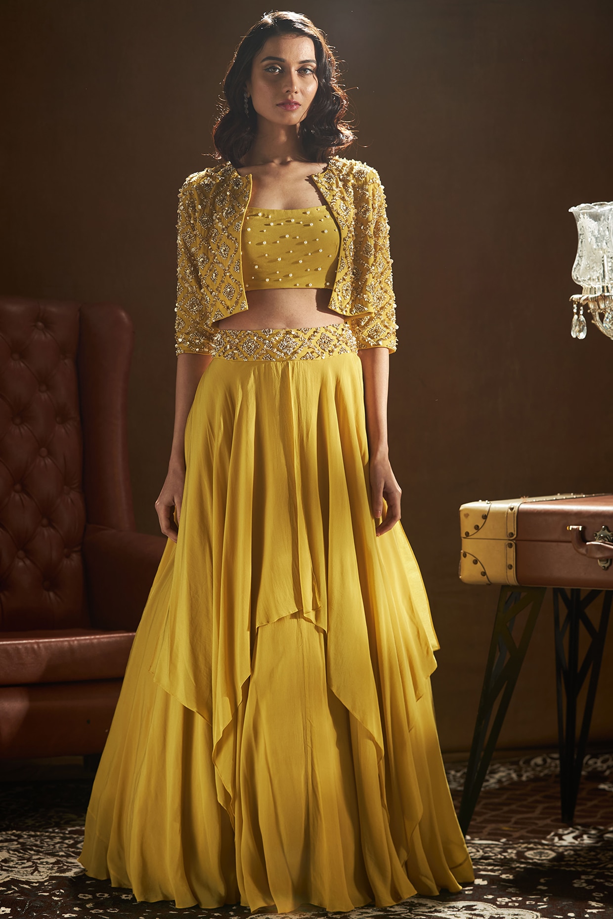 Buy Yellow Net Embroidery Bead V Neck Georgette Jacket Lehenga Set For  Women by Ritika Mirchandani Online at Aza Fashions.