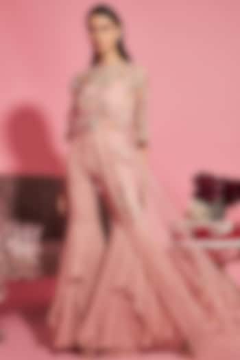 Pink Embroidered Cape With Bustier & Pants by Sanya Gulati