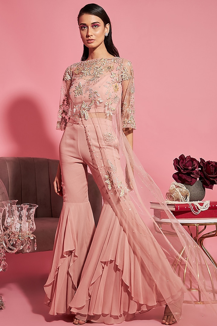 Pink Embroidered Cape With Bustier & Pants by Sanya Gulati