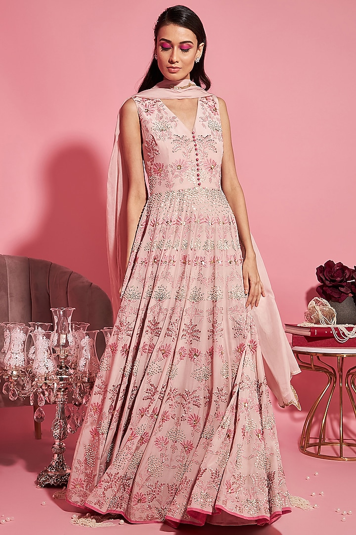 Nude Pink Embroidered Anarkali With Dupatta by Sanya Gulati at Pernia's Pop Up Shop