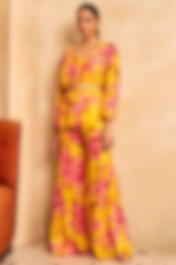 Yellow & Pink Georgette Floral Printed Gharara Set by Sanya Gulati at Pernia's Pop Up Shop