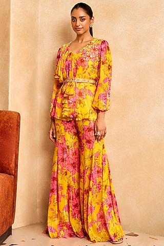 Yellow & Pink Georgette Floral Printed Gharara Set by Sanya Gulati