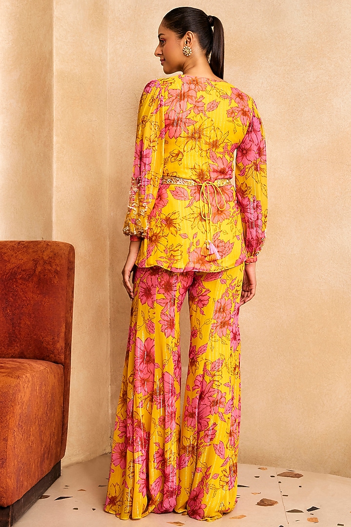 Yellow & Pink Georgette Floral Printed Gharara Set by Sanya Gulati at Pernia's Pop Up Shop