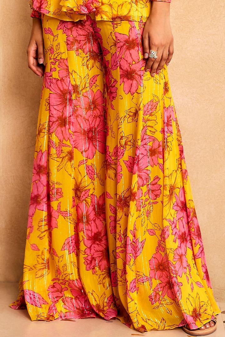 Yellow & Pink Georgette Floral Printed Gharara Set by Sanya Gulati at Pernia's Pop Up Shop