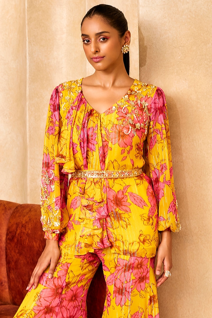 Yellow & Pink Georgette Floral Printed Gharara Set by Sanya Gulati at Pernia's Pop Up Shop