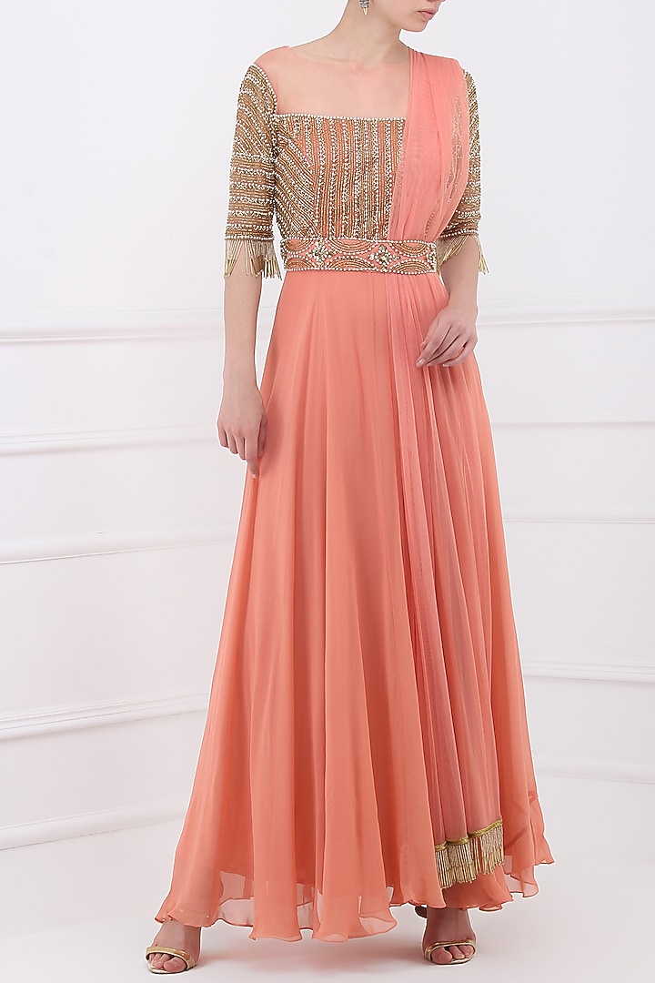 Dusty peach embroidered anarkali gown available only at Pernia's Pop Up Shop.