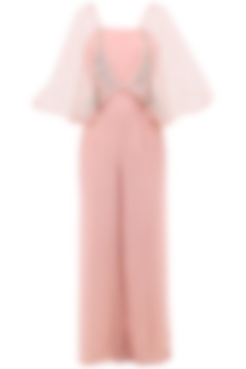 Pale Pink Embroidered Jumpsuit with Attached Cape by Sanya Gulati