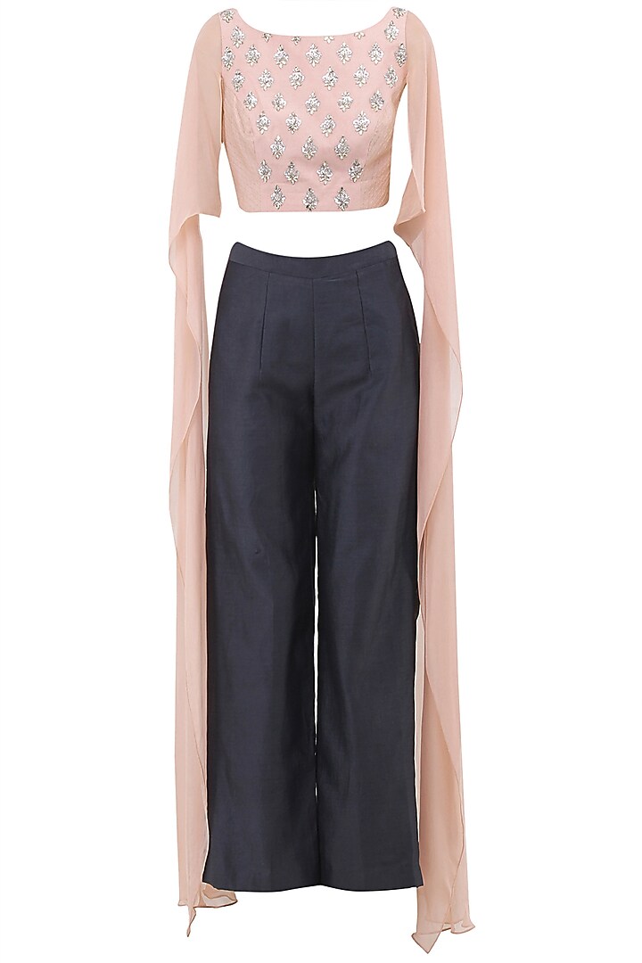 Pale Pink Embroidered Crop Top with Grey Pants by Sanya Gulati