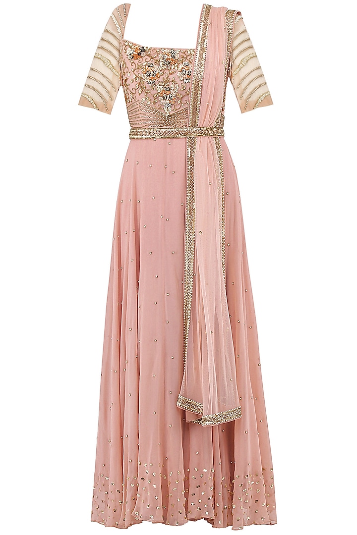 Pale Pink Embroidered Anarkali Gown by Sanya Gulati