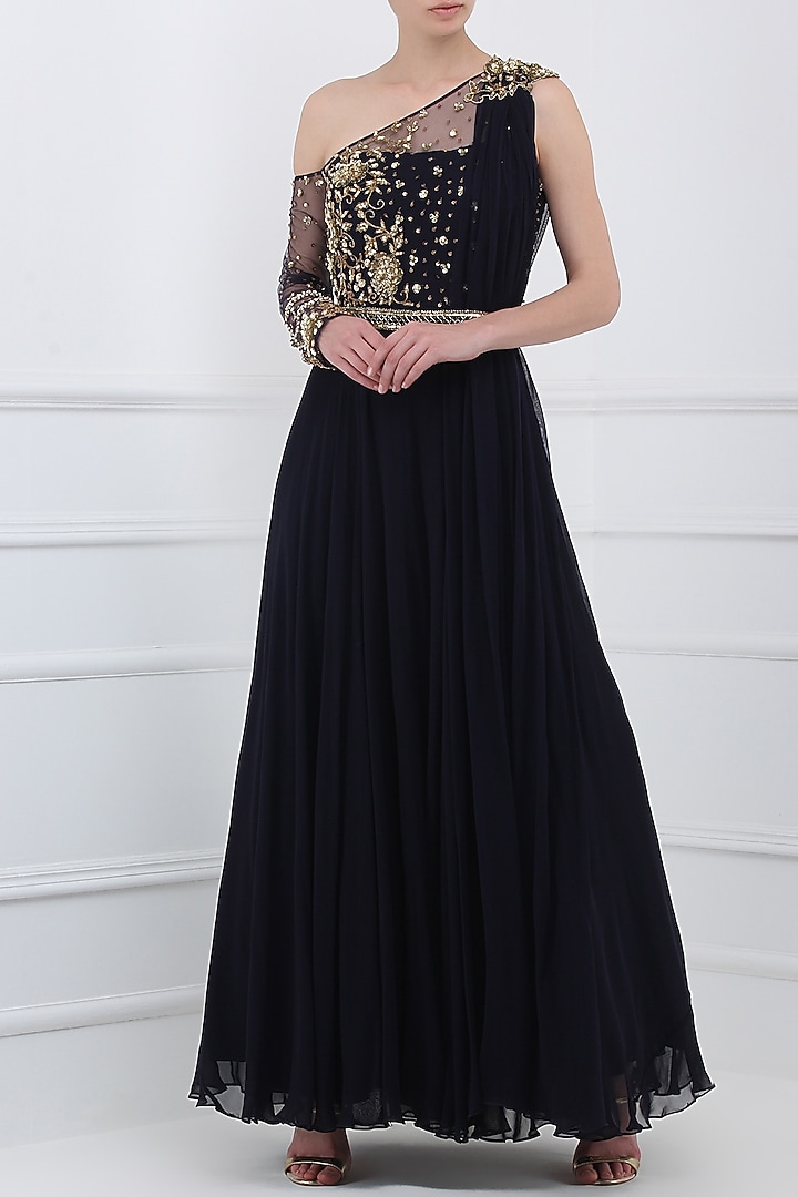 Midnight blue embroidered anarkali gown available only at Pernia's Pop Up Shop.