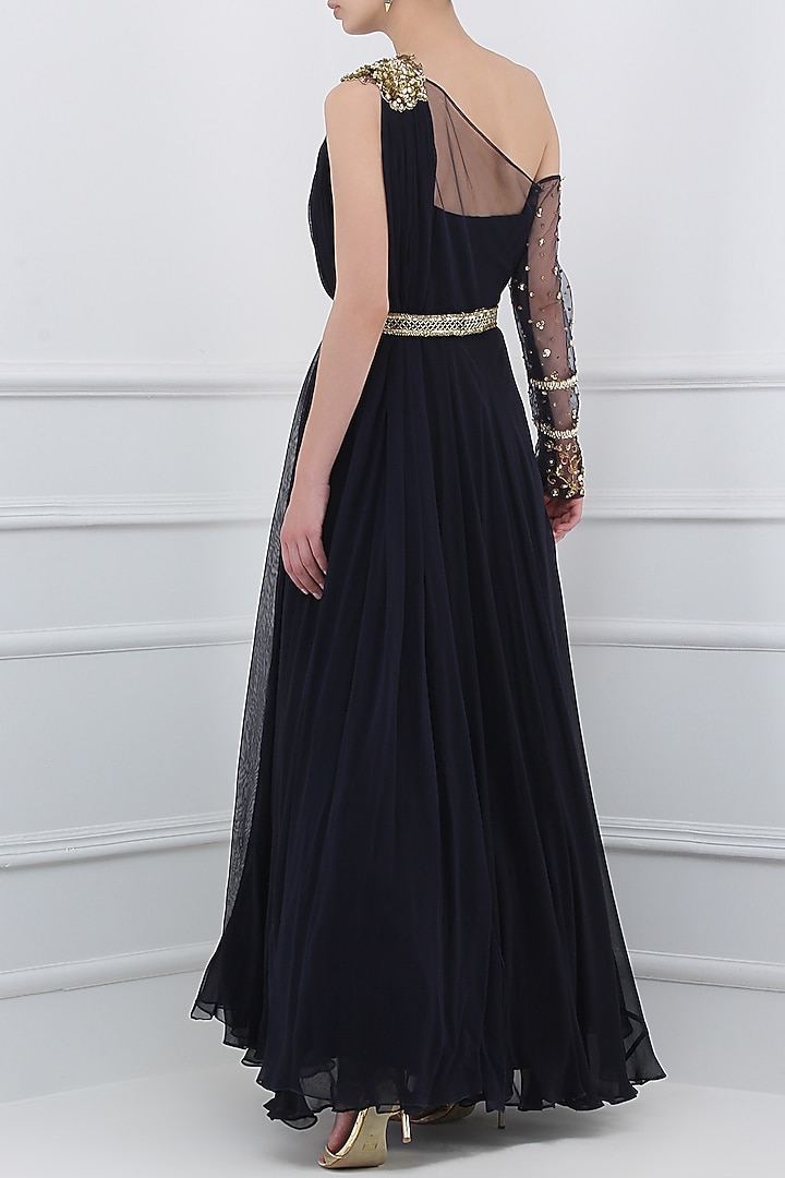 Midnight blue embroidered anarkali gown available only at Pernia's Pop Up Shop.