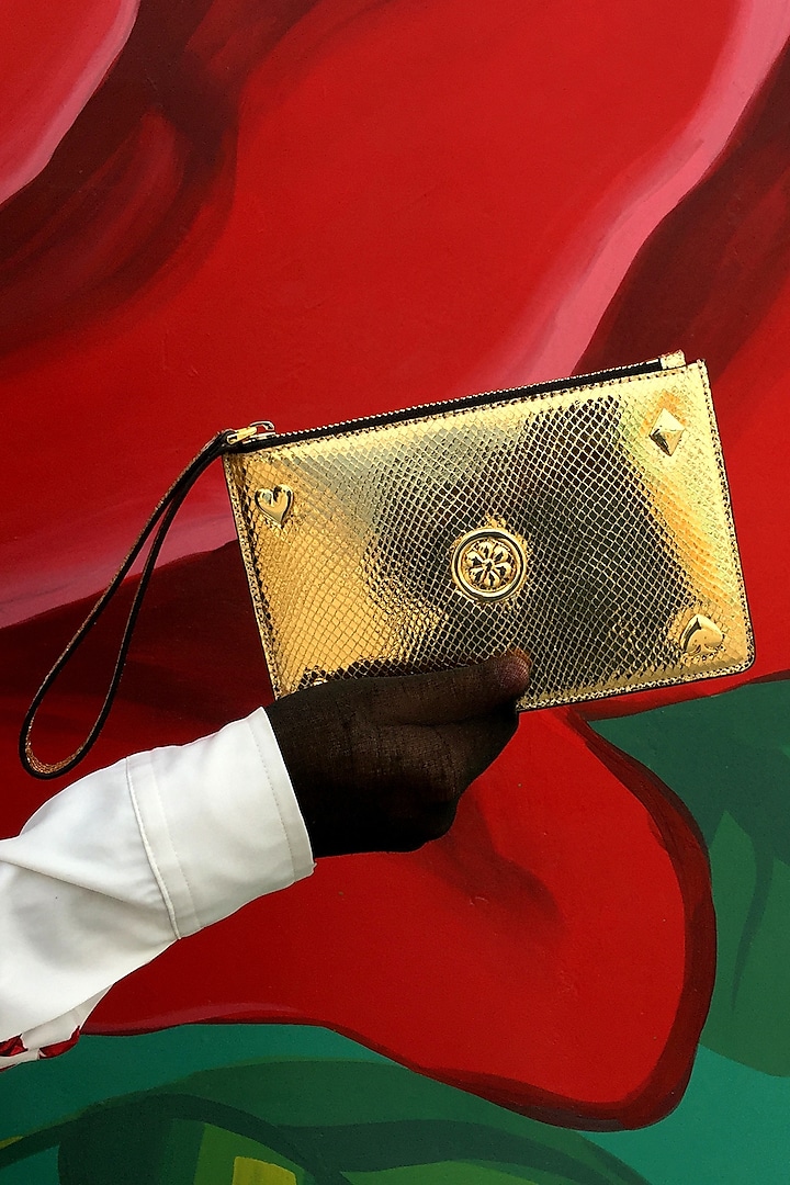 Golden Genuine Leather Clutch by SAURAV GHOSH at Pernia's Pop Up Shop