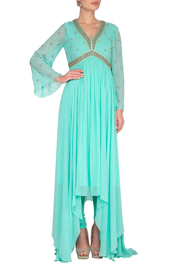 Blue Embroidered Party Wear Anarkali Kurta With Pants by Shilpi Gupta Surkhab at Pernia's Pop Up Shop
