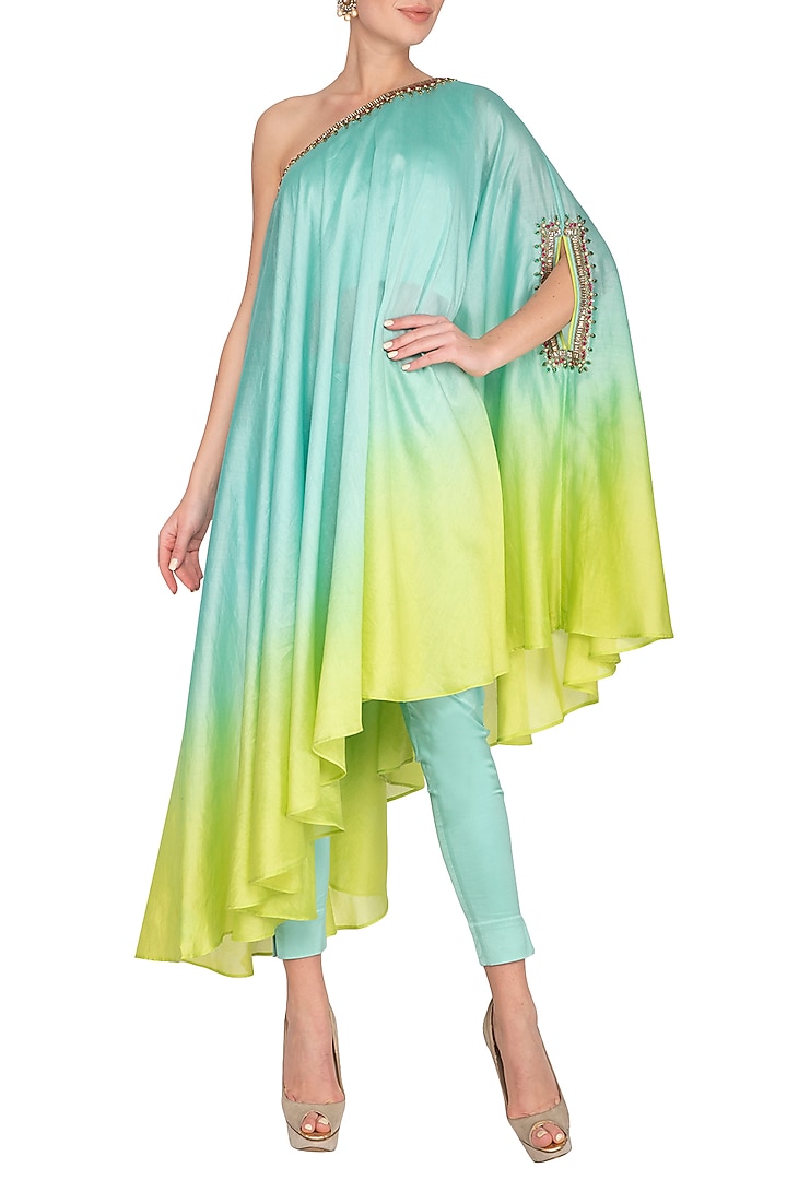 Blue Embroidered One Shouldered Kurta With Pants by Shilpi Gupta Surkhab at Pernia's Pop Up Shop