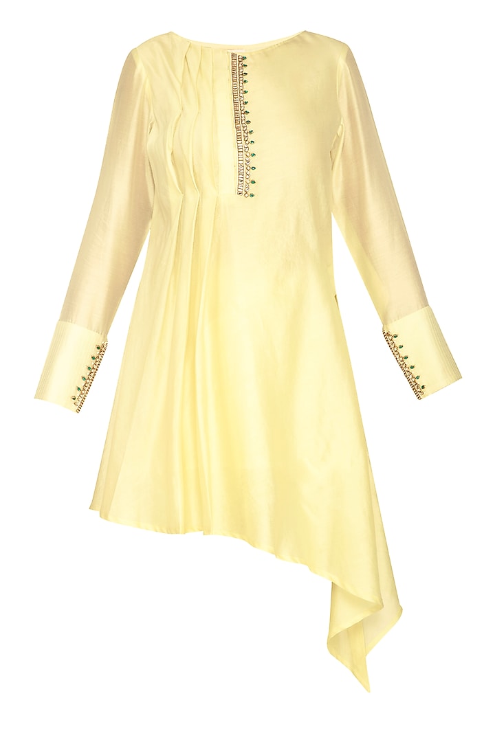 Lemon Yellow Embroidered Asymmetric Tunic by Shilpi Gupta Surkhab