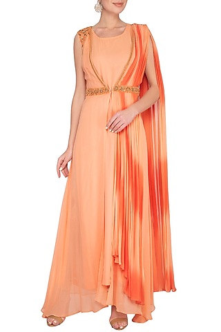 Orange Embroidered Jacket With Pants & Attached Dupatta by Shilpi Gupta Surkhab