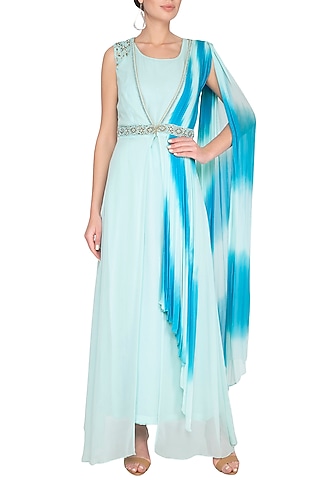Blue Embroidered Jacket With Pants & Attached Dupatta by Shilpi Gupta Surkhab