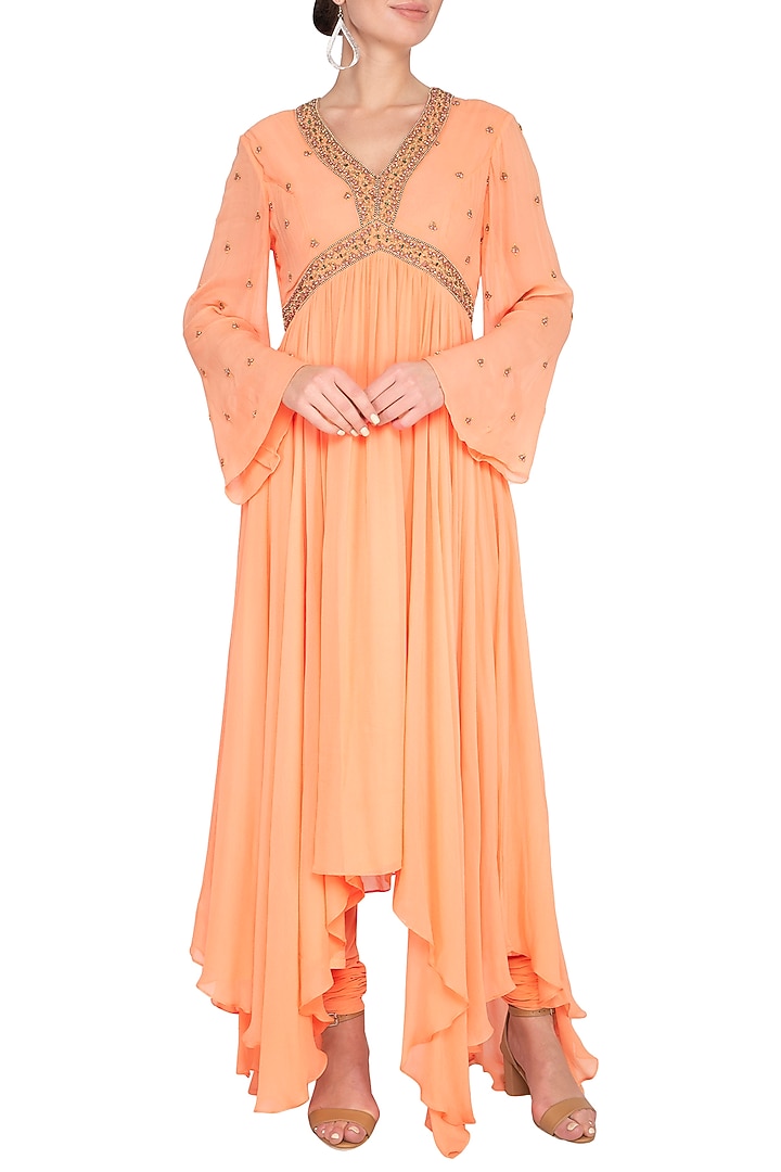 Orange Embroidered Asymmetric Party Wear Anarkali Kurta With Pants by Shilpi Gupta Surkhab at Pernia's Pop Up Shop