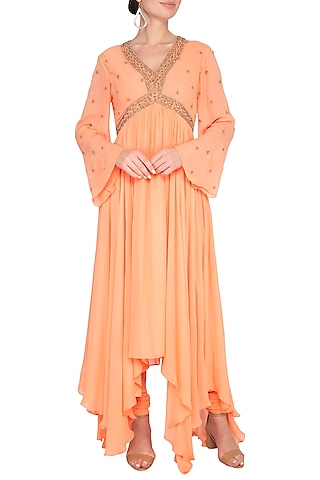 Orange Embroidered Asymmetric Anarkali Kurta With Pants by Shilpi Gupta Surkhab