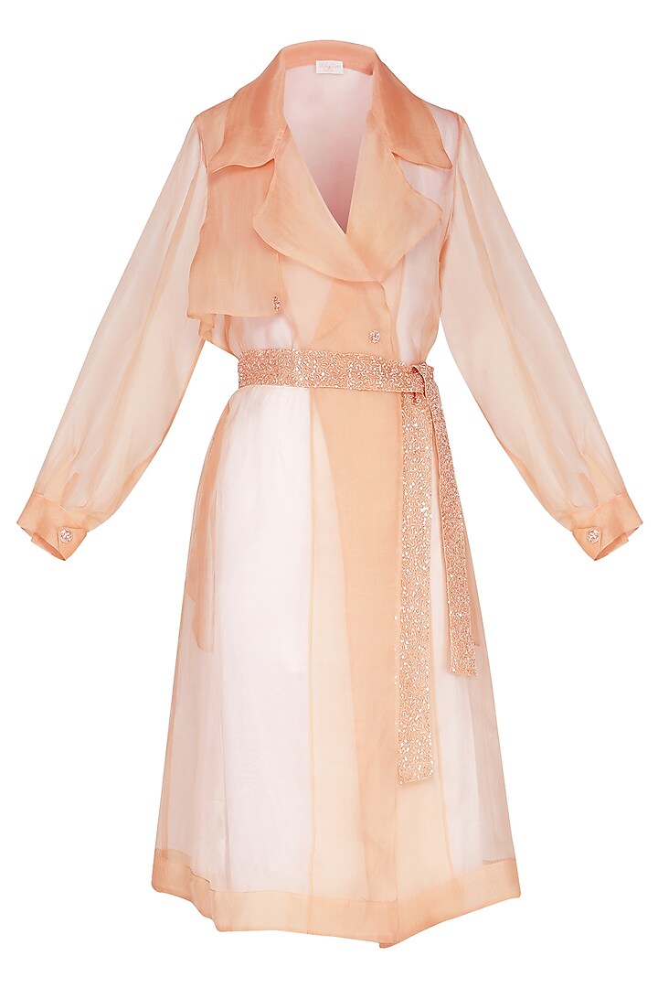 Peach sheer trench coat with bustier by Shilpi Gupta Surkhab