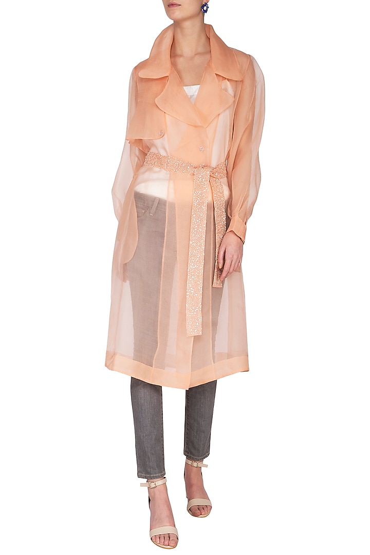 Peach sheer trench coat with bustier available only at Pernia's Pop Up Shop.