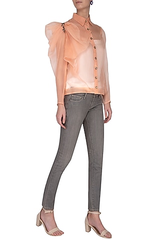 Peach sheer shirt with bustier by Shilpi Gupta Surkhab