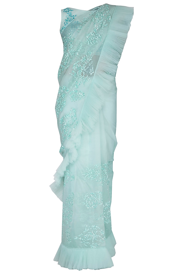 Mint green frill embroidered saree set available only at Pernia's Pop Up Shop.