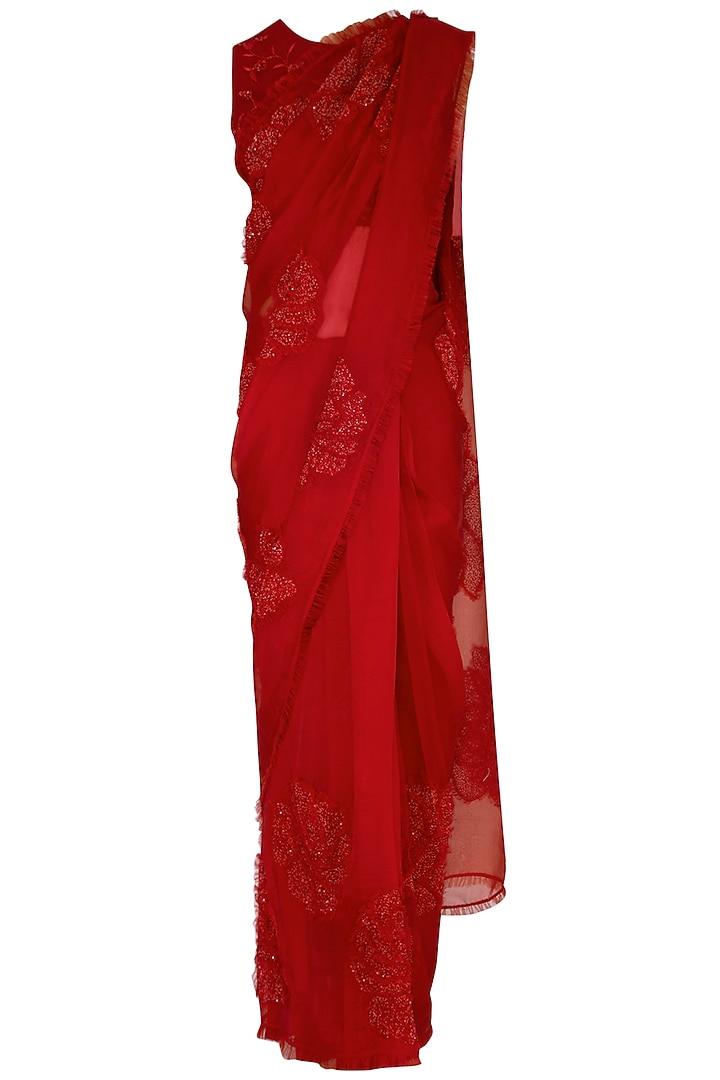 Red embroidered saree set available only at Pernia's Pop Up Shop.