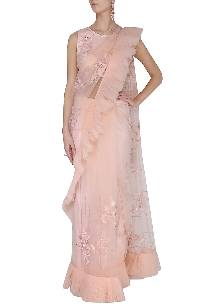 Pink embroidered saree set available only at Pernia's Pop Up Shop.