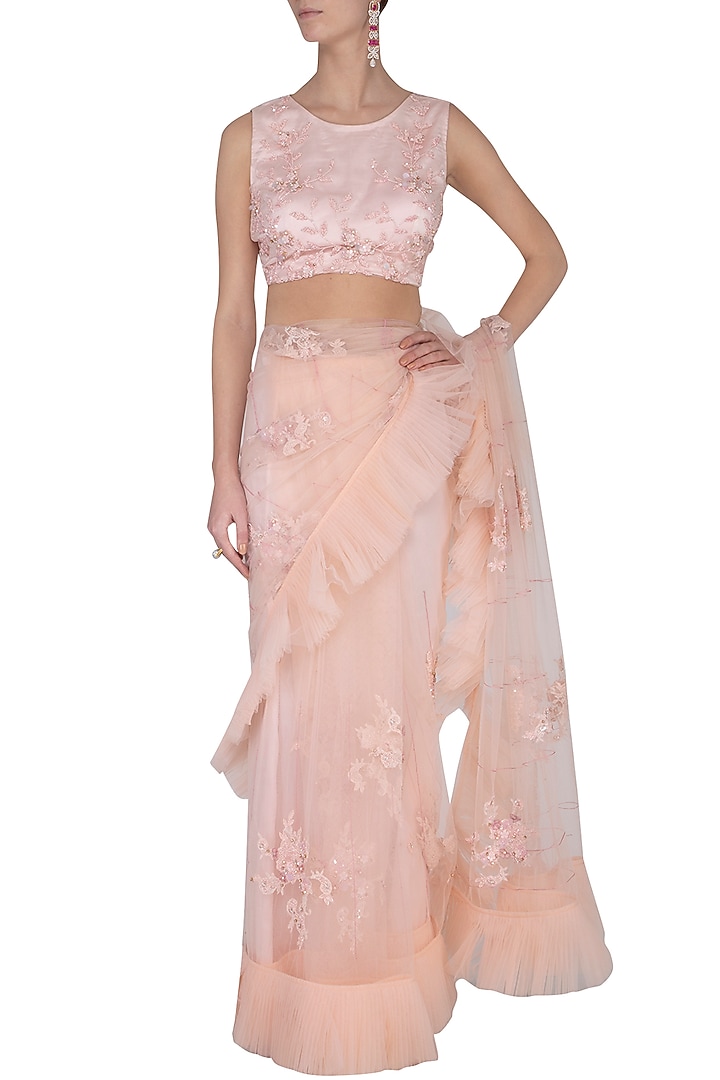 Pink embroidered saree set available only at Pernia's Pop Up Shop.